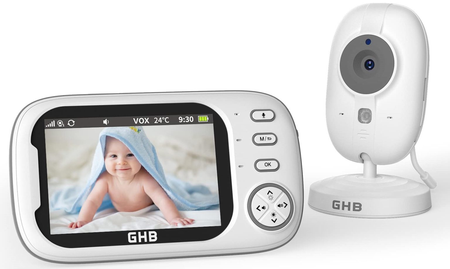 GHB Baby Monitor Video e Audio 3.5'' 720HD Telecamera, 2000mAh Batteria, Comunicazione Bidirezionale, Visione Notturna Visione Monitoraggio Temperatura